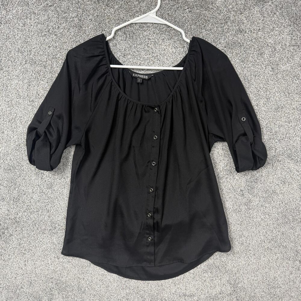 Express Blouse Womens S/P Black Scoop Neck Roll Tab Sleeve Boho Corporate Indie